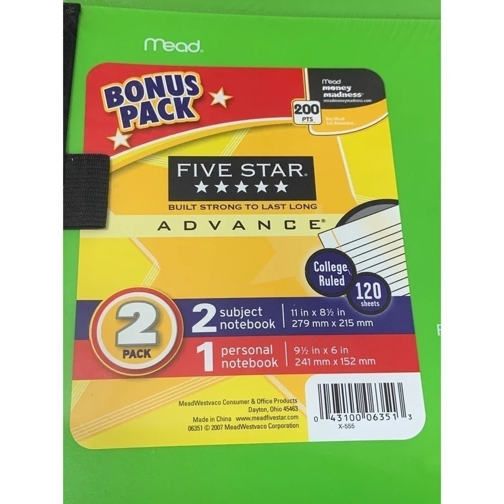 Mead Five Star Advance Green cover 2 pack Notebooks NEW